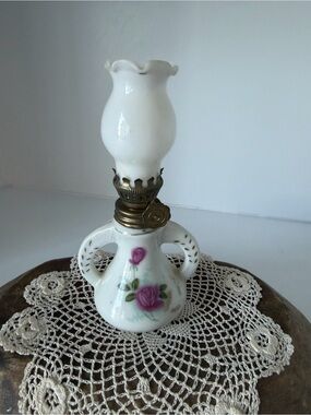 Vintage White Porcelain Mini Oil Lamp with Pink Flowers and Milk Glass Hurricane